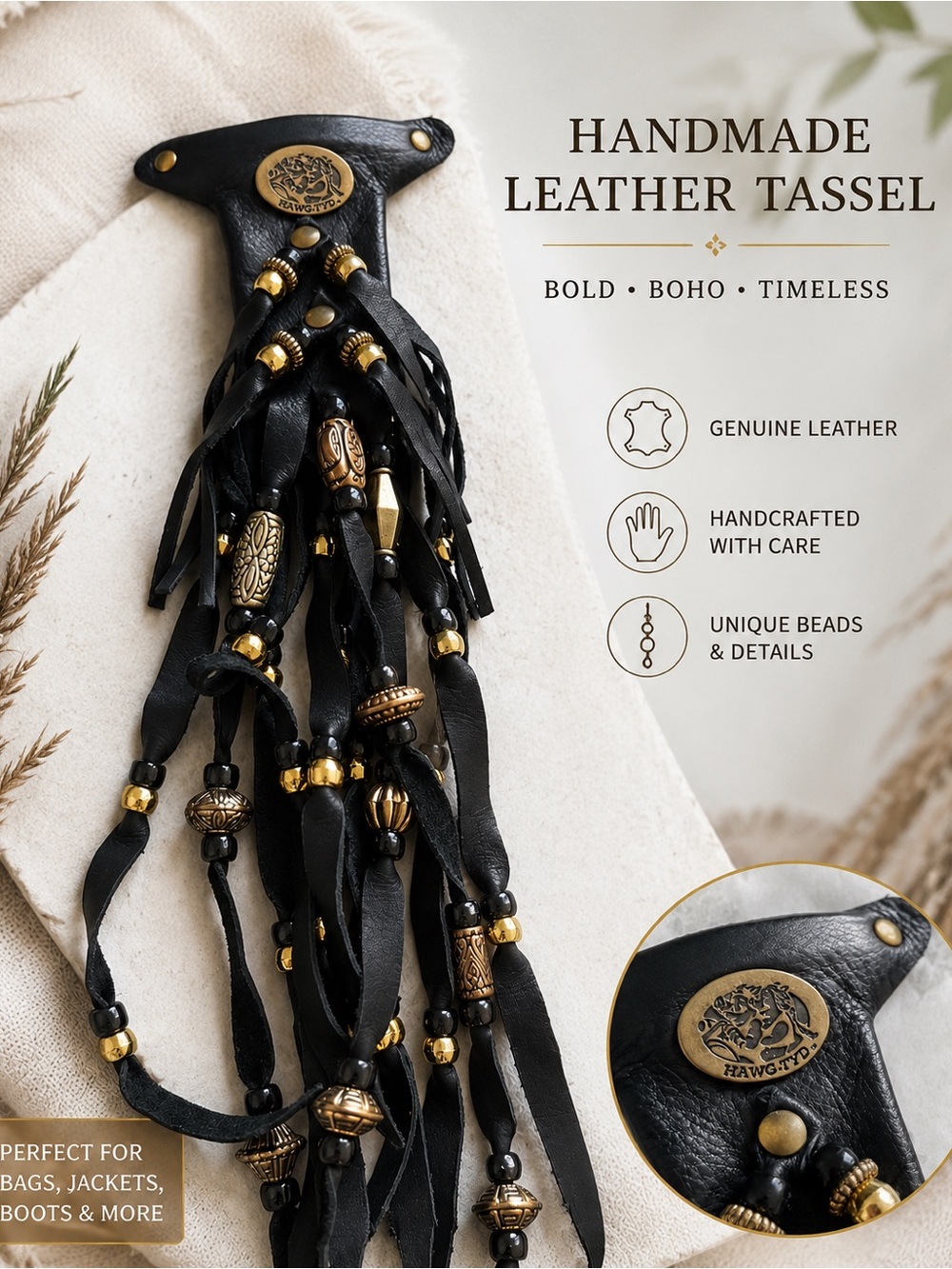 Hawg-Tyd Black Leather Motorcycle Hair Tie Wrap Barrette Silver/Gold Beads